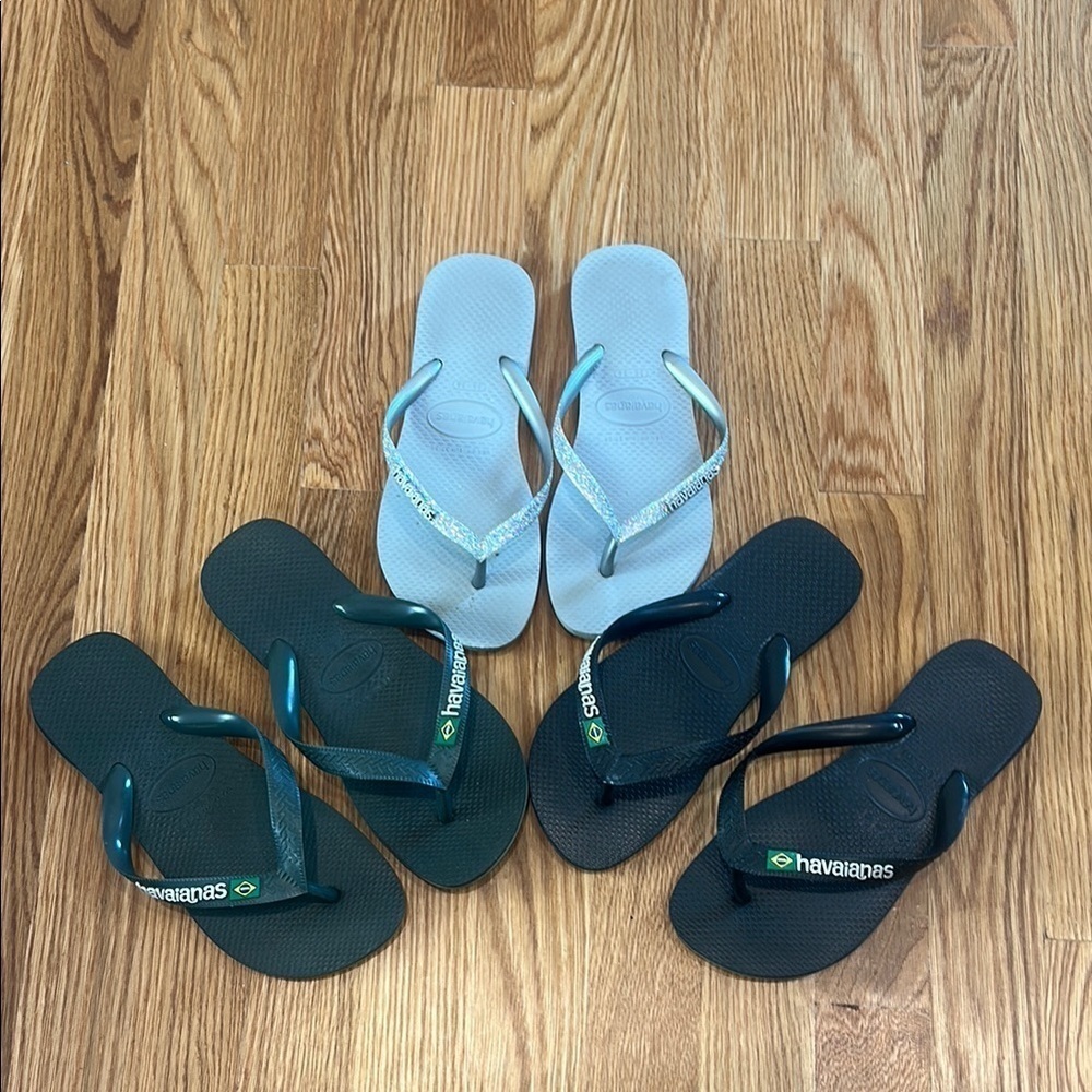Havaianas Trio thong flip flop sandals in Black, Green, and Silver size 6 women